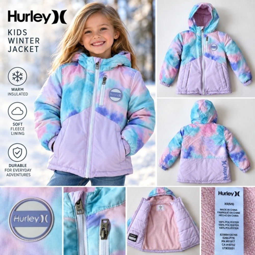 Hurley Girls Winter Jacket Tie Dye Puffer Coat Fleece Lined Purple Blue XS 5/6